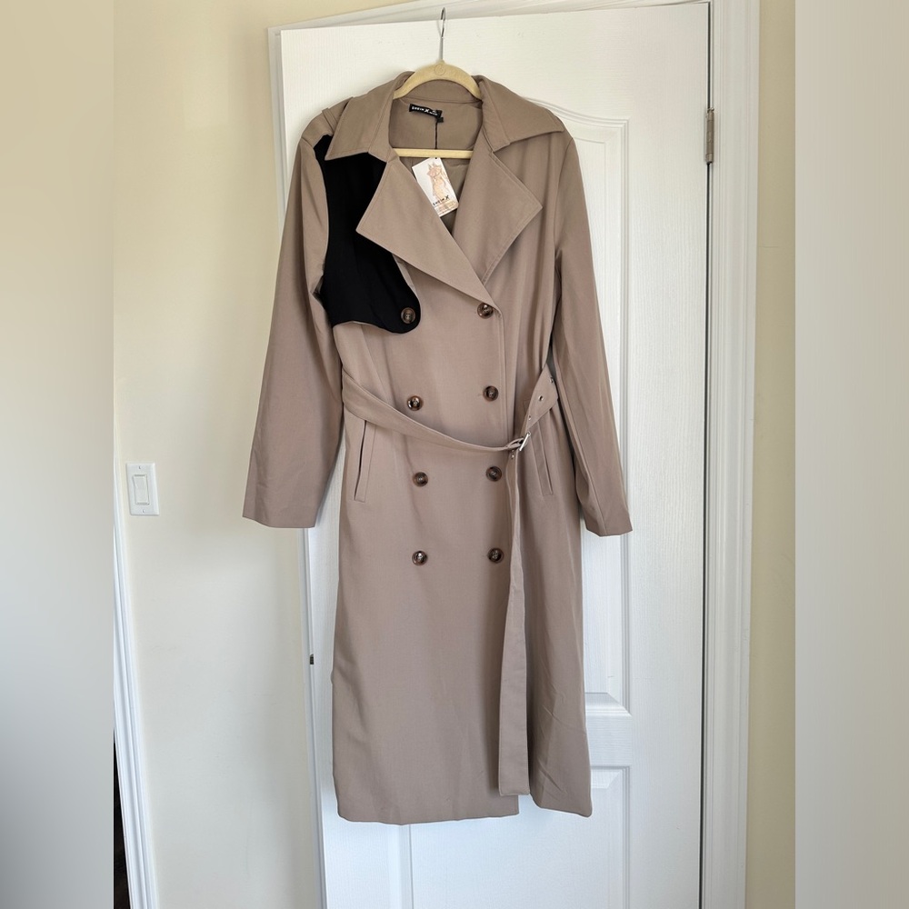 SHEIN Taupe Trench Coat with Black Accent